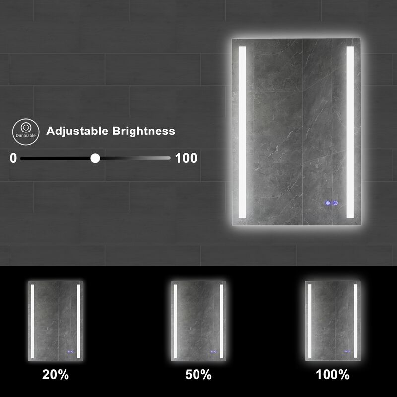 24 x 36 Inch Frameless LED Illuminated Bathroom Mirror, Touch Button Defogger, Metal, Vertical Stripes Design, Silver-Benzara image number 6