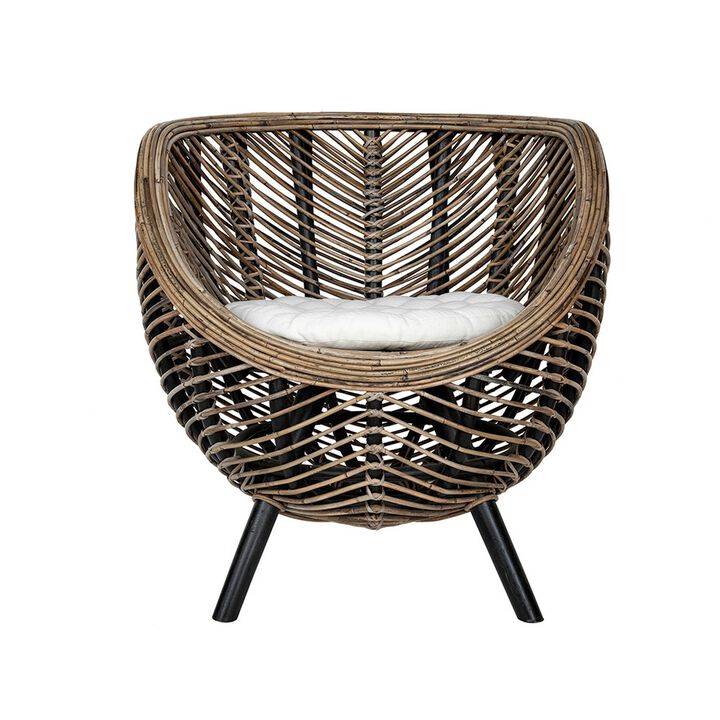 27 Inch Accent Chair, Rattan Frame, Curved Round Silhouette, Brown, Black-Benzara