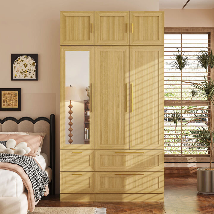 FUFU&GAGA Modern Wardrobe with Large Mirror and 4 Drawers, 6-Door Design, Yellow Wood Grain Finish, (86.7 in. W x 47 in. D x 20.5 in. H), Yellow