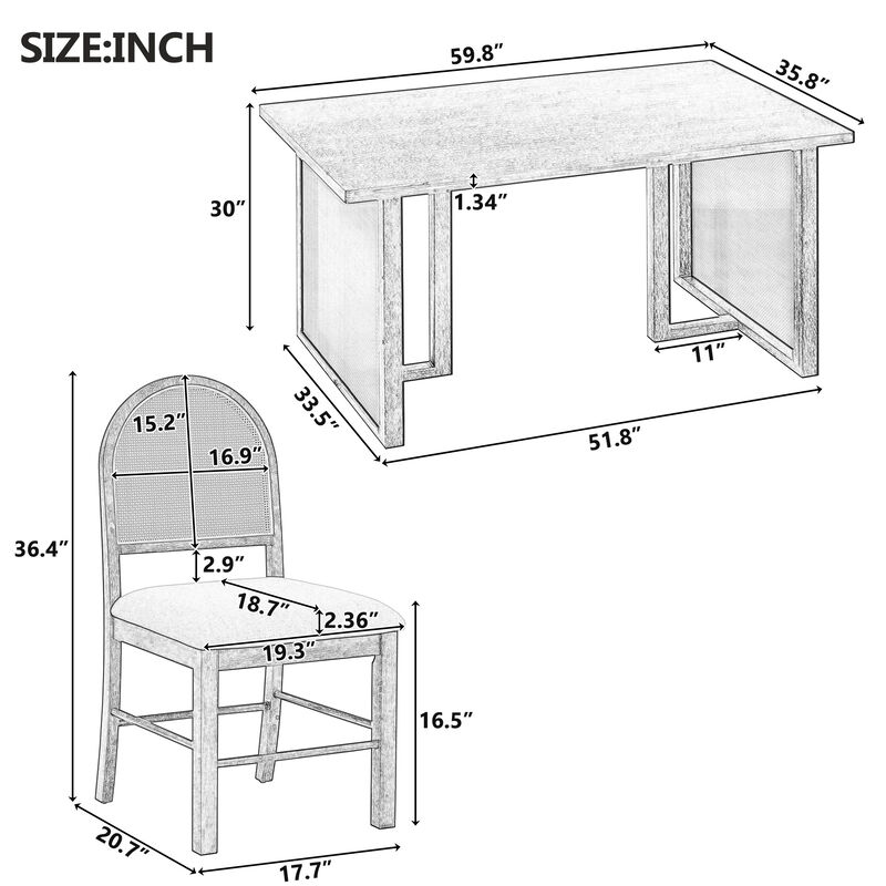 Merax 7-Piece Farmhouse Dining Set with Rattan Chairs