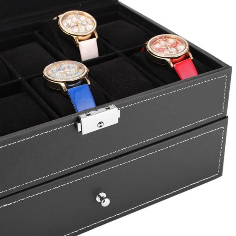 Lockable 20-Slot Watch Box for Men with Glass Top Display & Organizer