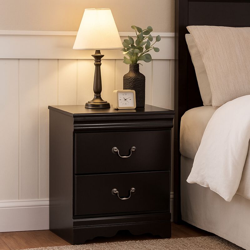 Yara Nightstand, Classic Black, 25 Inch, 2 Drawers, Pewter Handles