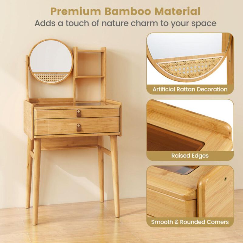 Hivvago Small Vanity Desk and Stool Set with Mirror and 2 Drawers