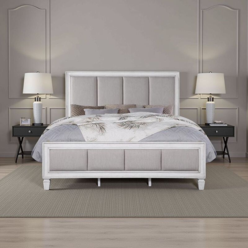 Kate Modern King Size Bed, ChannelTufted, Gray Fabric, White Wood Frame