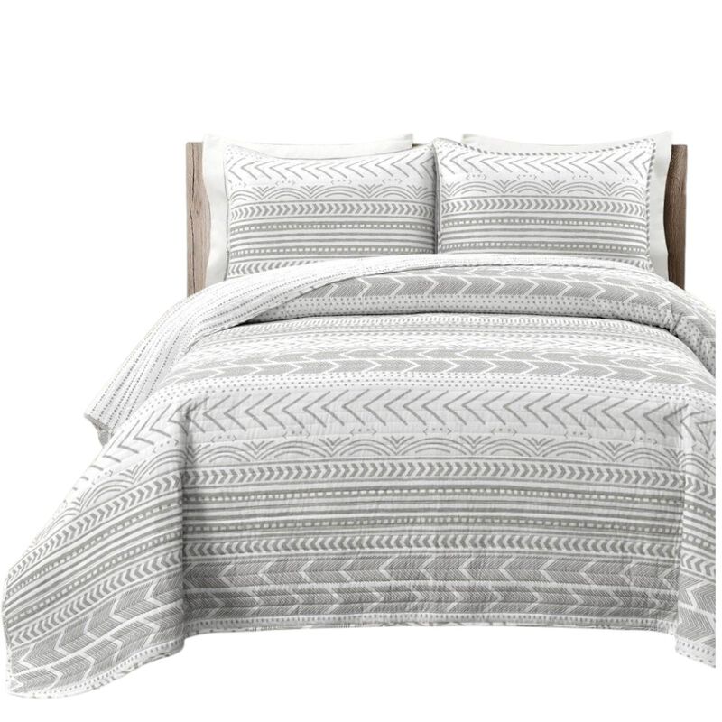 Hivvago Full/Queen Scandinavian Chevron Grey White Reversible Cotton Quilt Set