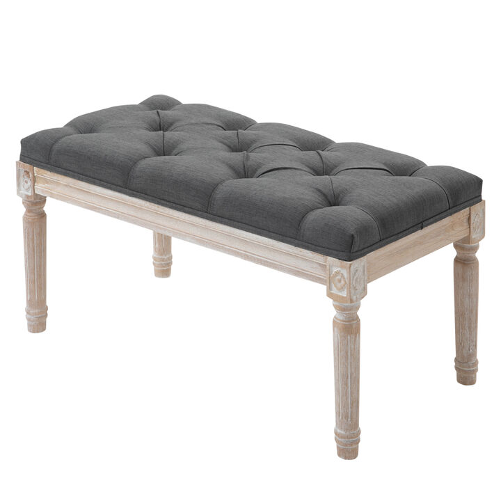 HOMCOM 32" Vintage Ottoman, Tufted Footstool with Upholstered Seat, Distressed Wood Legs for Bedroom, Living Room, Gray