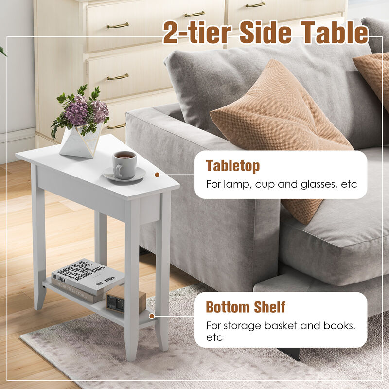 2-Tier Wedge End Table with Storage Shelf and Solid Wood Legs for Small Spaces
