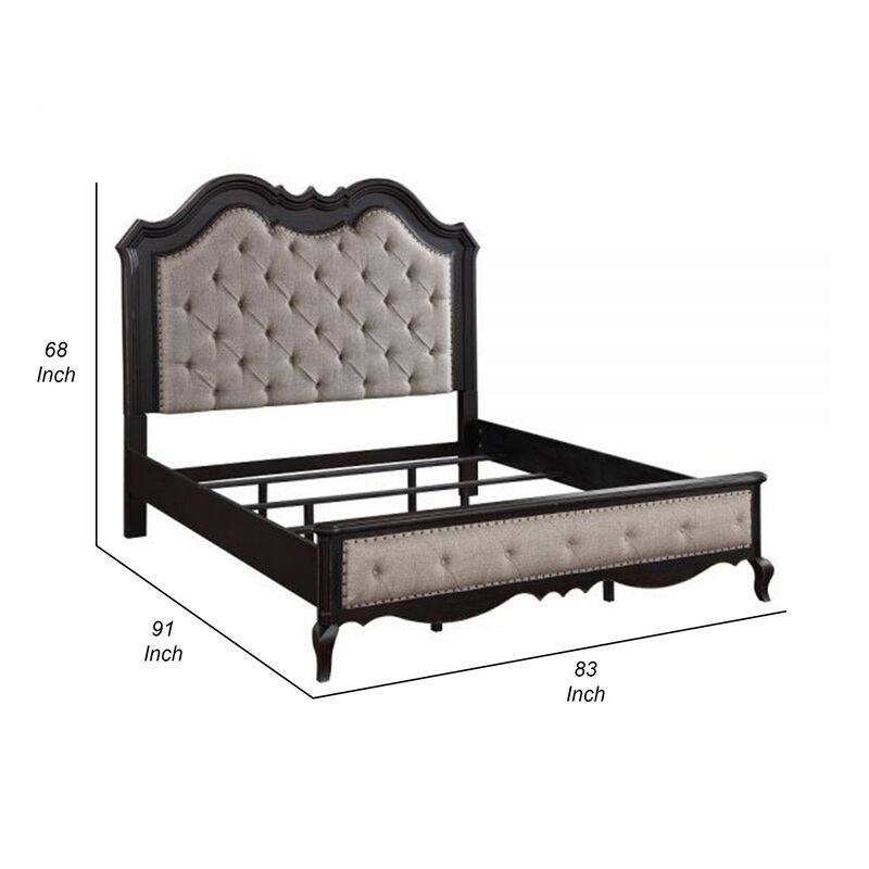 Chery King Size Bed with Button Tufted Headboard, Beige Upholstery, Black - Benzara