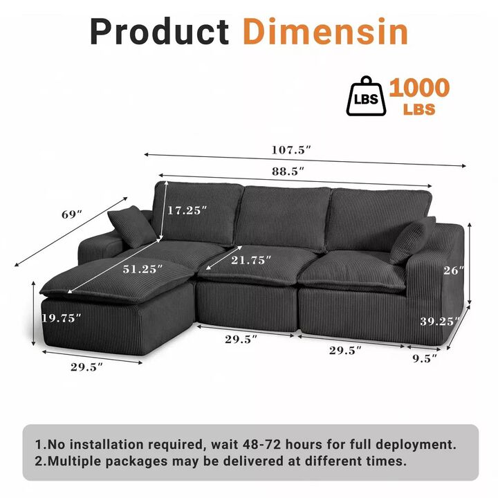 Vipbear 107" L-Shaped Modular Sectional Sofa, Corduroy Cloud Couch with Movable Ottoman, 4-Seat