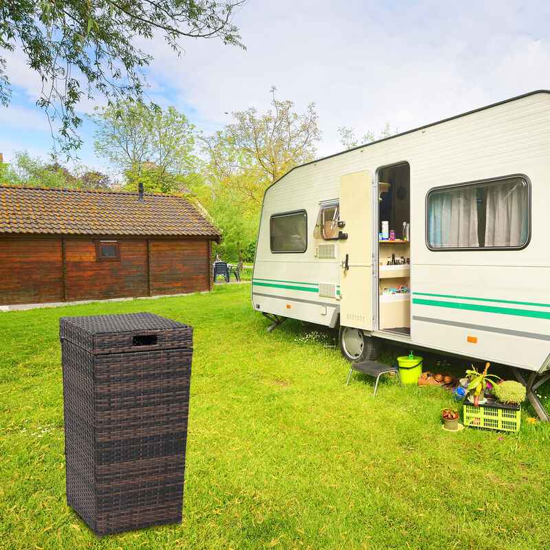 Decorative Outdoor Trash Can Rattan-Style Bin with Metal Frame & Top Cover