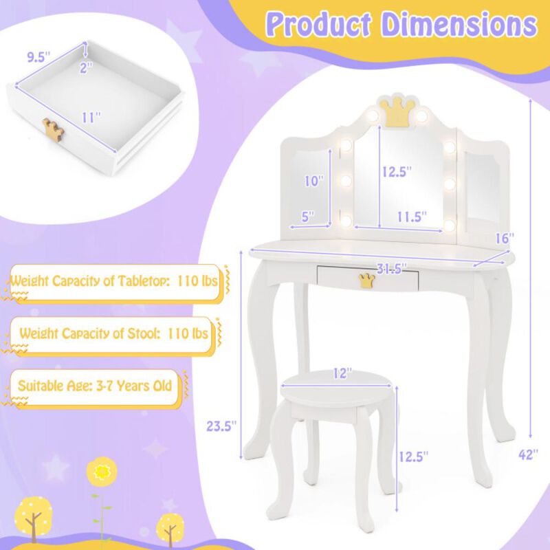 Hivvago Kids Vanity Set with Tri-fold Lighted Mirror Detachable Top and Stool