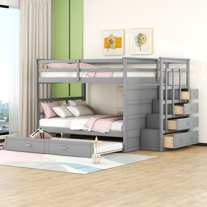 Whisen Modern Design Full Over Full Bunk Bed with Trundle and Staircase