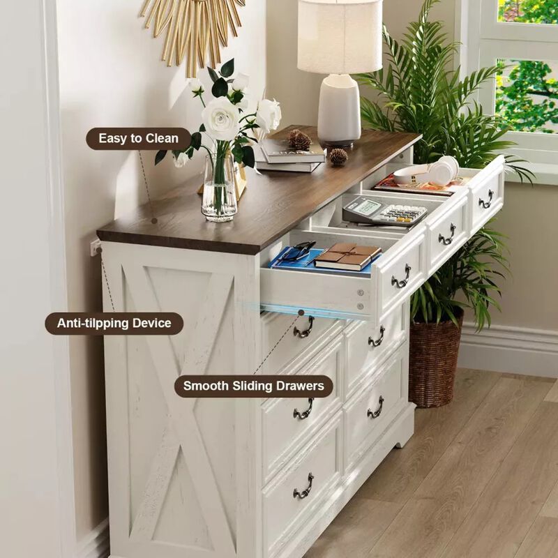 Farmhouse 9 Large Drawers Dresser, 52 Inch Wide Modern Bedroom Dresser TV Stand with and Bar Handles image number 6