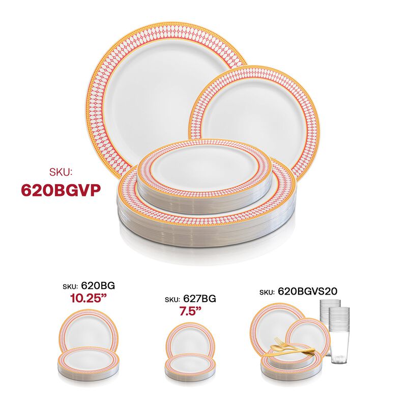 White with Red and Gold Chord Rim Plastic Dinnerware Value Set (40 Sets) image number 6
