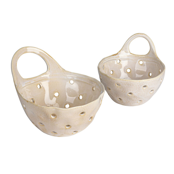 2‑Piece Stoneware Colanders with Handles, Reactive Cream Glaze