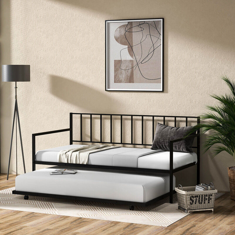 Versatile Daybed with Roll-Out Trundle and Sturdy Metal Slat Support for Comfort