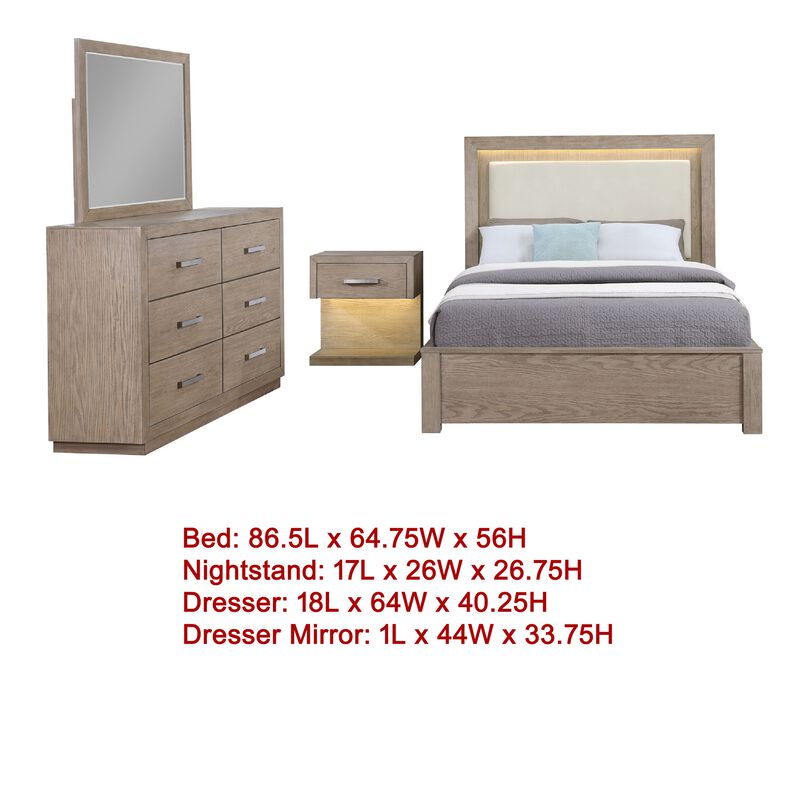 Keno 4pc Queen Bedroom Set, Underbed Storage, LED, Beige Upholstered
