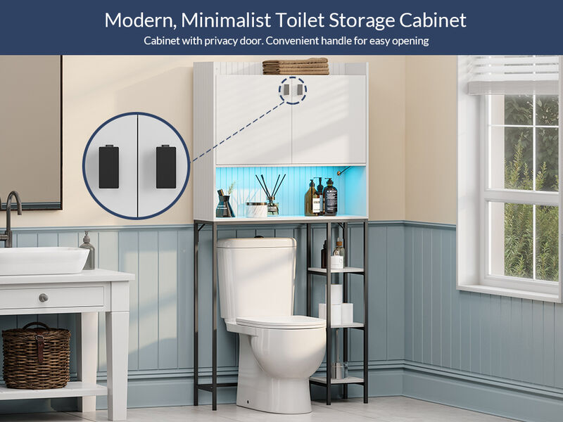 BELLEZE Over The Toilet Storage Cabinet with LED Light, Freestanding Above Toilet Rack with Adjustable Shelf, Bathroom Space Savers Anti-Tipping Device Included - Murano (White)