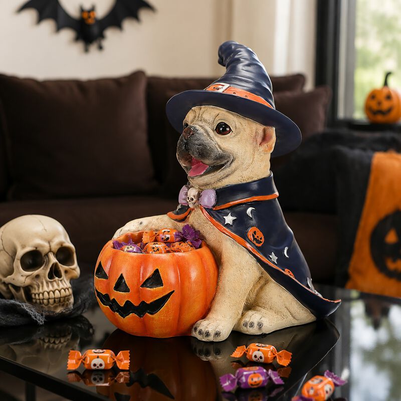 Worip Halloween Resin Dog Witch Figurine with Pumpkin Candy Bowl image number 6