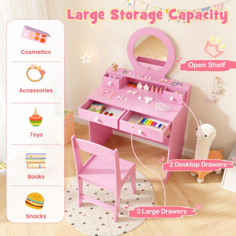 Hivvago Kids Vanity Set with Mirror Princess Makeup Dressing Desk and Chair Set with Mirror
