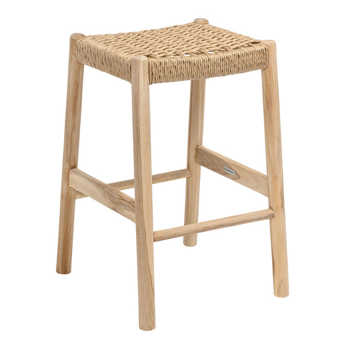 Armati Coastal Casual Handcrafted Teak Wood Backless Indoor/Outdoor Stool with Synthetic Woven Seat