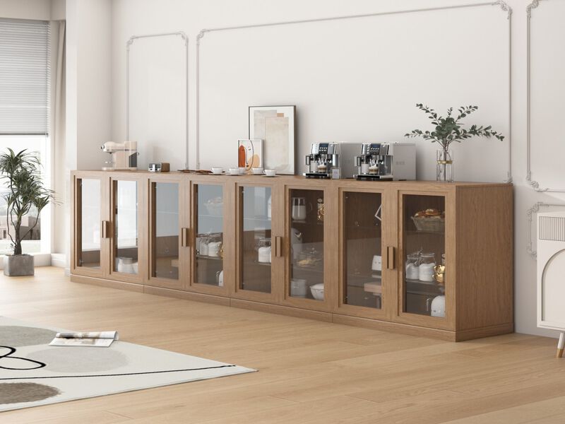 72" High Glass Door Wood Grain Decorative Storage Cabinet Display Cabinet, with Sufficient Space for 12 Shelves image number 1