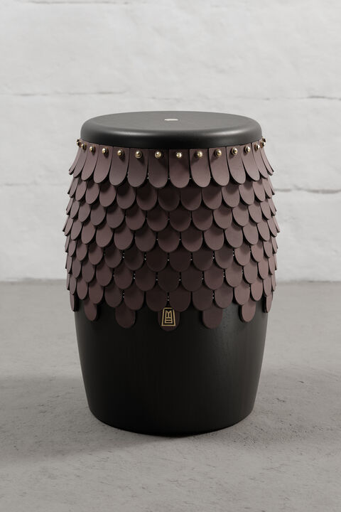 SITIERA_01 Solid Wood Stool, with Cognac Thick Leather Accents, and Aged Bronze by ANDEAN, In Stock