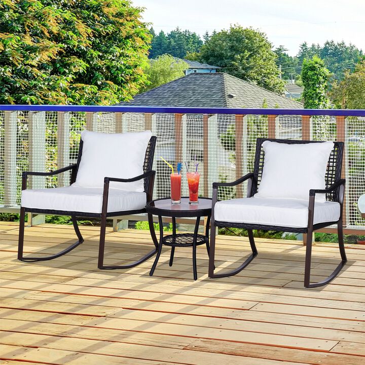 3 Piece Outdoor PE Rattan Patio Rocking Chair Set with Table - Brown