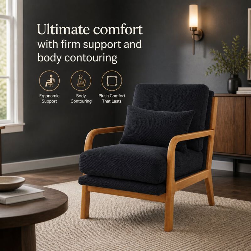 GOODSILO Mid-Century Modern Wooden Lounge Chair with Nubby Upholstery, High-Density Foam Cushion for Home and Office Use image number 4