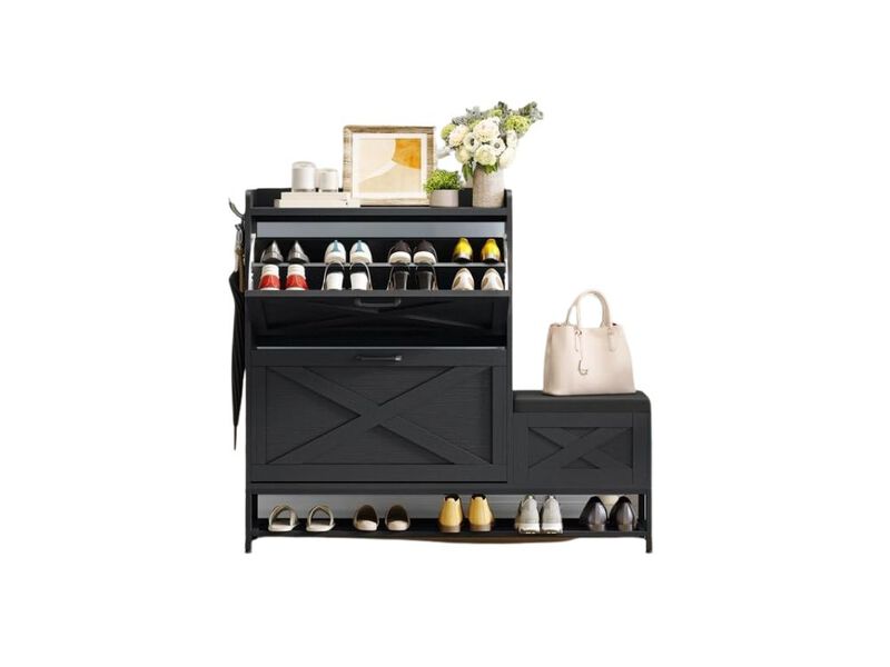 Entryway Shoe Storage Bench Flip Drawer Black Farmhouse Cabinet image number 0