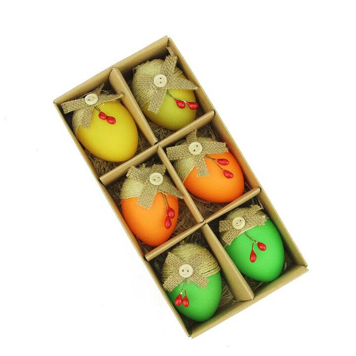 Set of 6 Green and Yellow Burlap Spring Easter Egg Ornaments 2.25"
