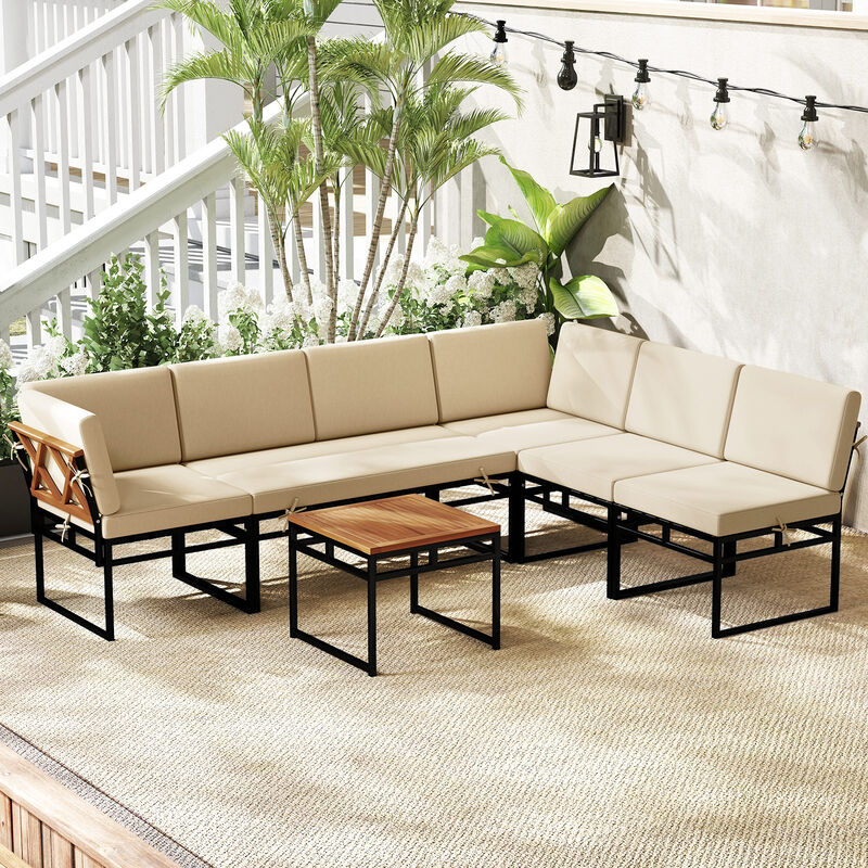 Beige Outdoor Sectional Sofa Set, 6-Piece Conversation Set with Cushions image number 6