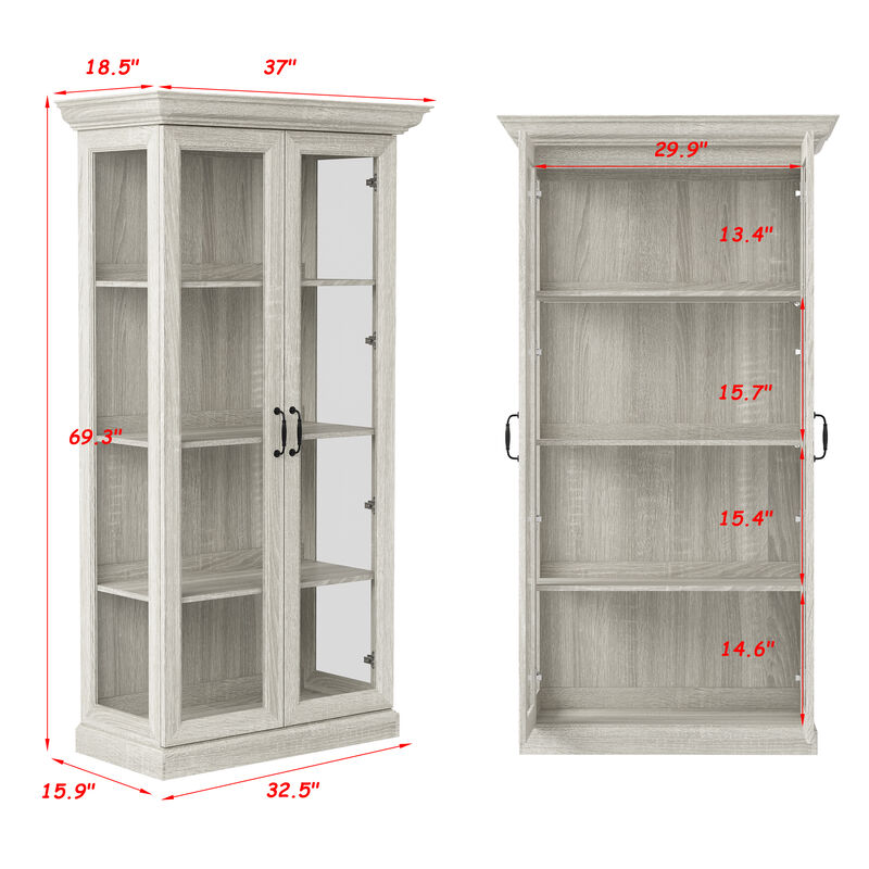 FUFU&GAGA Tall Glass Display Cabinet with LED Strip Light (37" W x 18.5" D x 69.3" H), Saw-Cut Gray Oak Finish