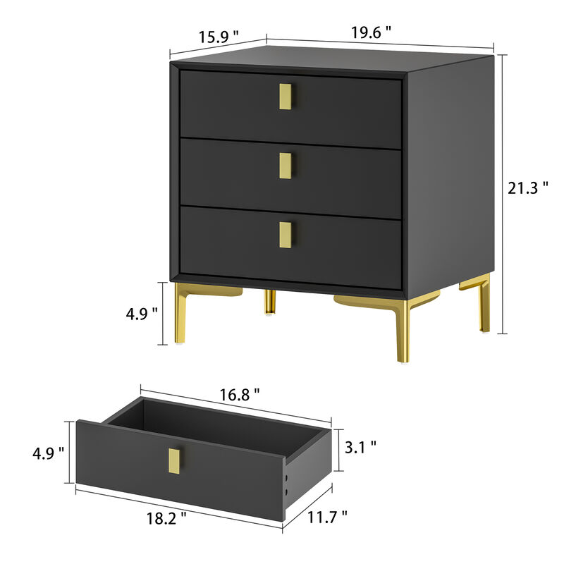 3-Drawer Black Nightstands Side End Table With Gold Metal Legs For Living Room, Bedroom