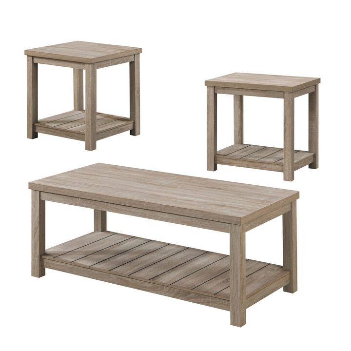 3 Piece Rectangular Coffee and Square End Table Set, Slatted, Gray Beige-Benzara