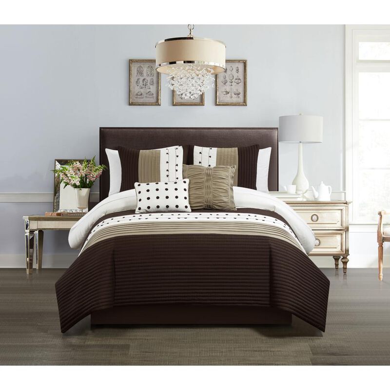 Chic Home Lainy Comforter Set Color Block Pleated Ribbed Embroidered Design Bed In A Bag Brown, Queen image number 1