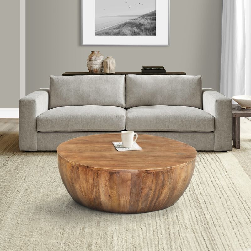 Drum Shape Wooden Coffee Table with Plank Design Base, Distressed Brown-Benzara