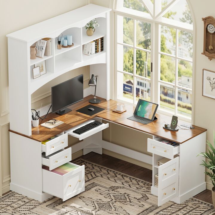 Merax Corner L-Desk with Built-In Power Strips, File Drawer & Concealed Cabinet