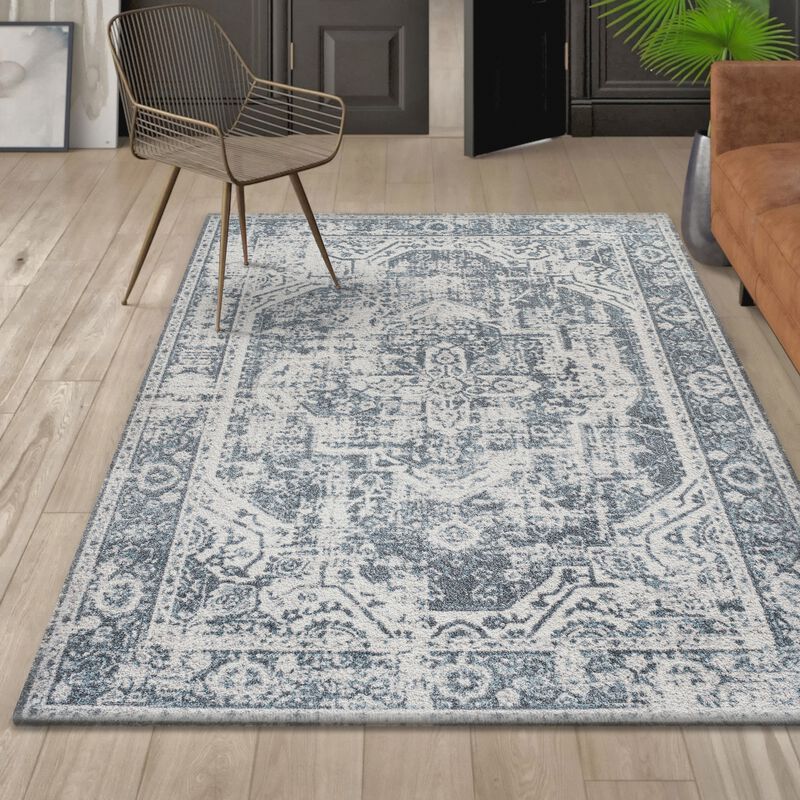 Keesha Bold Distressed Medallion Low-Pile Machine-Washable Blue/Cream. Area Rug