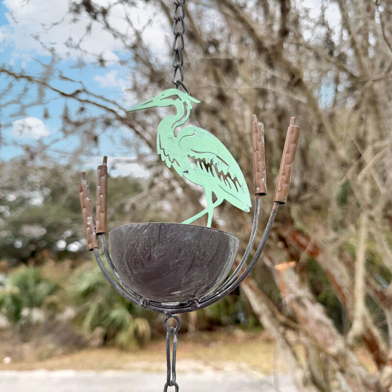 Metal Heron Rain Chain 102in Green Rustic Hanging Downspout Alternative Bell image number 6