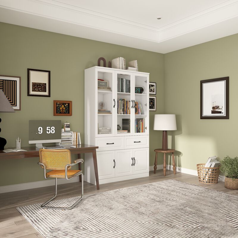 FUFU&GAGA Bookcase with Glass Doors, Drawers, and Storage Cabinets (47.2" W x 15.7" D x 78.7" H) White
