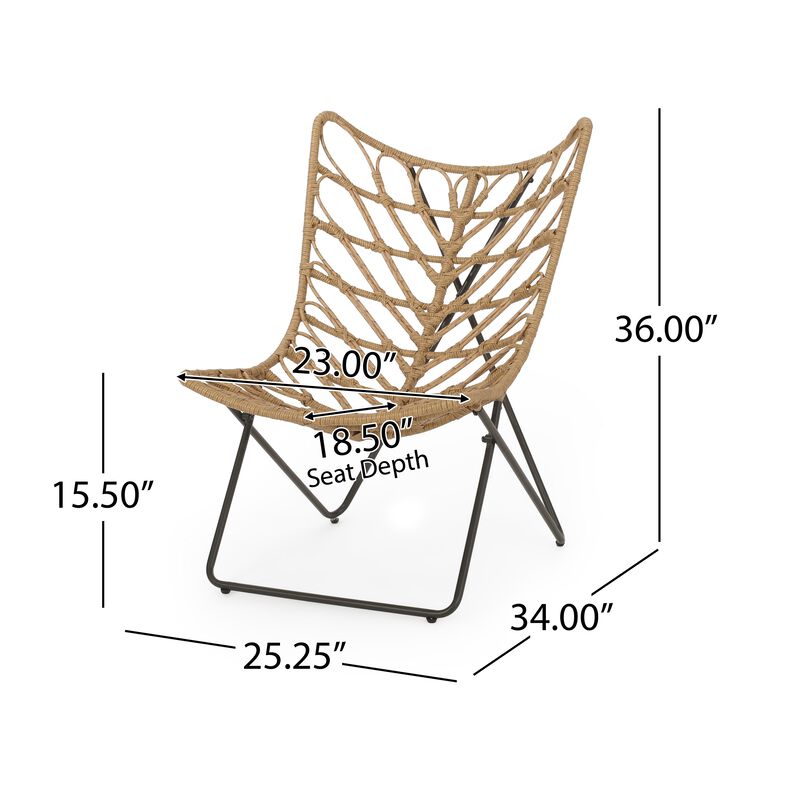 Fordy Outdoor Chair Set of 2, Curved Seat, Brown Rattan, Black Metal - Benzara