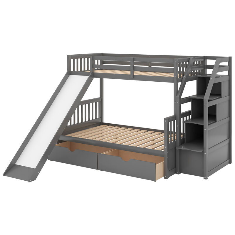 Whisen Twin over Full Bunk Bed with Drawers, Slide & Storage, Solid Pine for Kids Bedroom image number 6