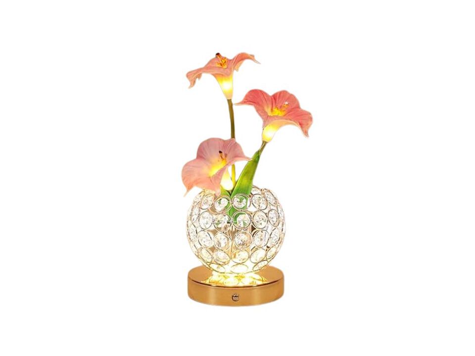Rechargeable Cordless Crystal Flower Table Lamp For Bedroom Office Pink