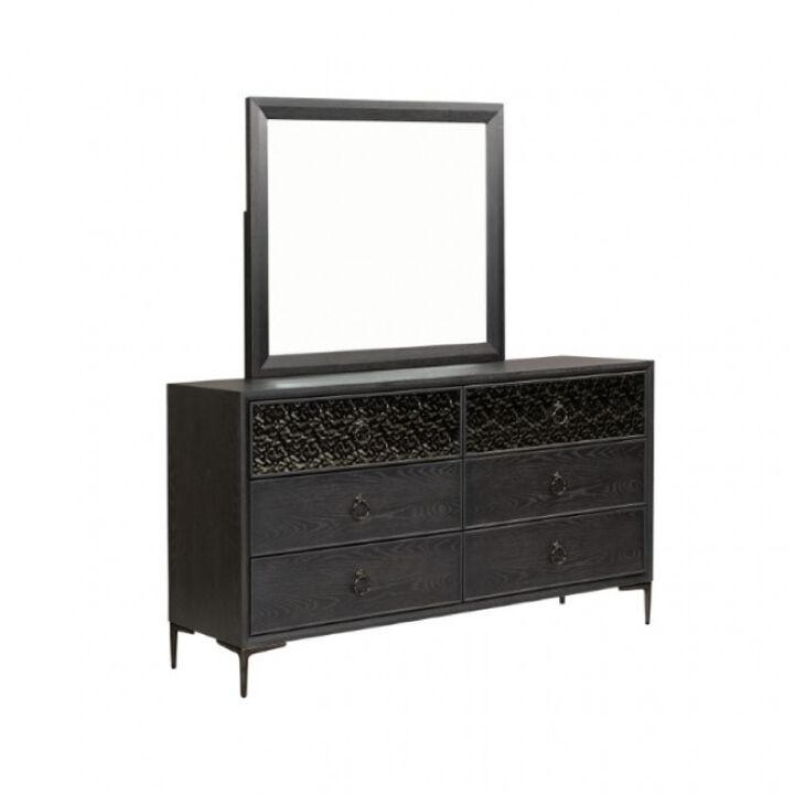 Kaira Wide Dresser with 6 Drawers, Textured Metal, Espresso Brown Wood - Benzara