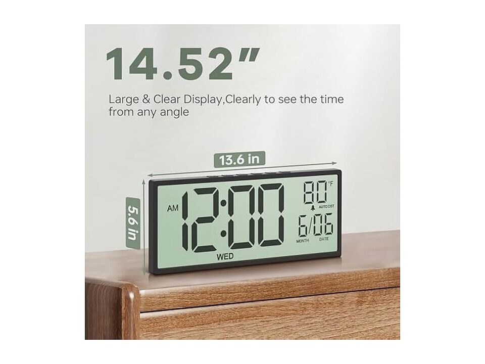 Digital Alarm LCD Screen Display Auto Wall Clock 5 Inch Black Living Room Decor