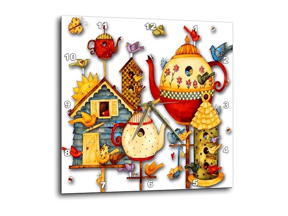 Pretty Teapots Birdhouses Wall Clock 13 Inch Home Decor