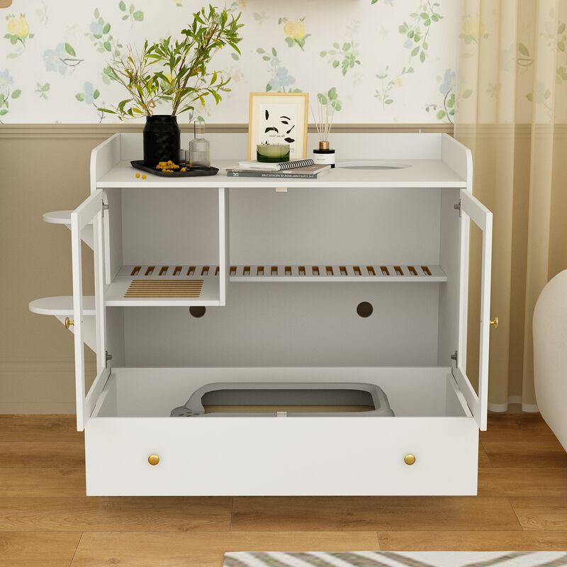 Extra Large Cat Litter Box Furniture Hidden, Cat Condo Pet House with Stairs, Cat Litter House for Living Room, White image number 2