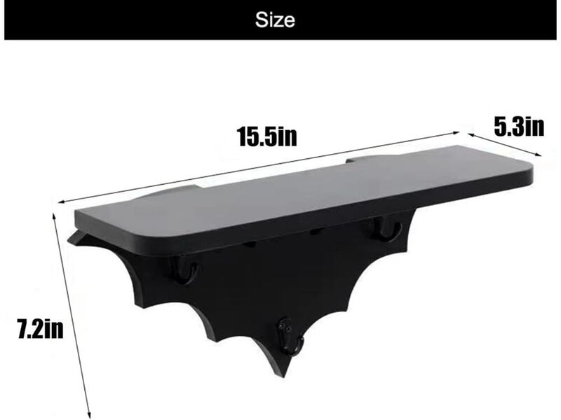 Bat Floating Wall Shelf Black Gothic Decor with Key Hooks for Room Home image number 2