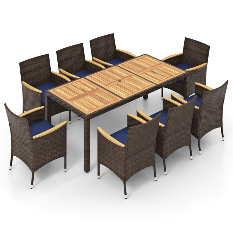 Mondawe 9-Piece Outdoor Dining Set, 1 Acacia Table & 8 PE Rattan Chairs With Padded Cushions